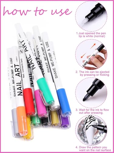 12 Color 3D Nail Art Pens Set, Kalolary Nail Pens Nail Point Graffiti Dotting Pen Drawing Painting Liner Brush for DIY Nail Art Beauty Adorn Manicure Tools