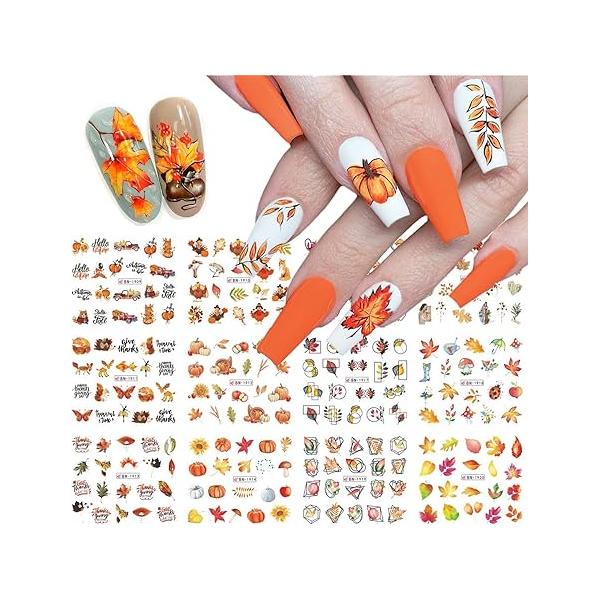 12 Pcs Fall Nail Art Stickers Maple Leaves Water Transfer Decals Autumn Thanksgiving Turkey Pumpkin Design Foil Supplies for Women Acrylic DIY Manicure Decorations