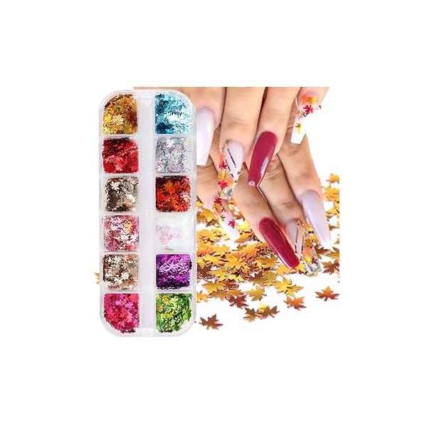 12 Colors Fall Nail Art Stickers Maple Leaf Glitter Sequins Autumn Design Flakes Gold Leaves for Nails Decorations Holographic Acrylic Glitters Accessories