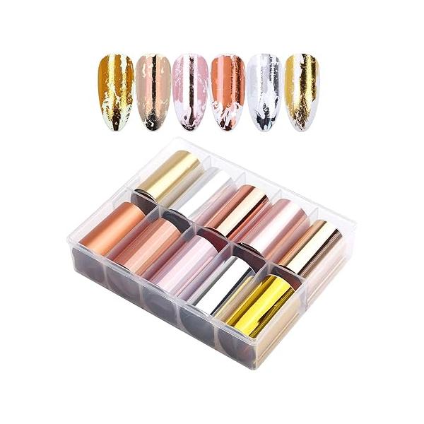 10 Sheets Holographic Nail Art Foil Transfer Stickers - Metallic Color Print Decals 3D Self-Adhesive DIY Manicure Decoration Kit