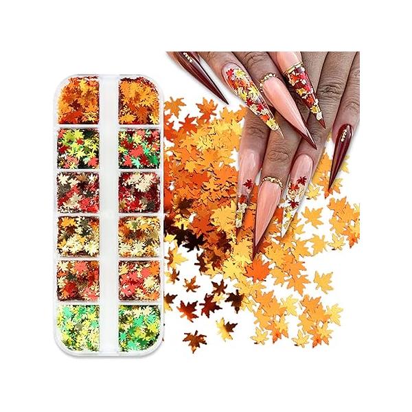 12 Grids 3D Maple Leaf Nail Glitter Sequins Fall Art Stickers Decals Leaves Flakes Autumn Sequin Designs Charms Thanksgiving for Acrylic Nails Design Supplies