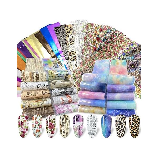 100 Sheets Nail Foil Transfer Sticker Kit, Art Decals Tips Starry Sky Laser Flower Leopard Print DIY Decorations Supplies Design