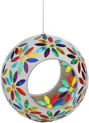 VOREEN Mosaic Glass Bird Feeder – 6" Handcrafted Hanging Fly-Through Feeder for Outdoor Garden Décor, Wild Bird Seed Feeder with Multicolor Floral Design – Gift for Mom Wife Friend Nature Lovers