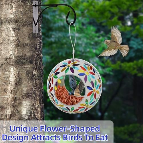 VOREEN Mosaic Glass Bird Feeder – 6" Handcrafted Hanging Fly-Through Feeder for Outdoor Garden Décor, Wild Bird Seed Feeder with Multicolor Floral Design – Gift for Mom Wife Friend Nature Lovers
