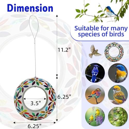 VOREEN Mosaic Glass Bird Feeder – 6" Handcrafted Hanging Fly-Through Feeder for Outdoor Garden Décor, Wild Bird Seed Feeder with Multicolor Floral Design – Gift for Mom Wife Friend Nature Lovers