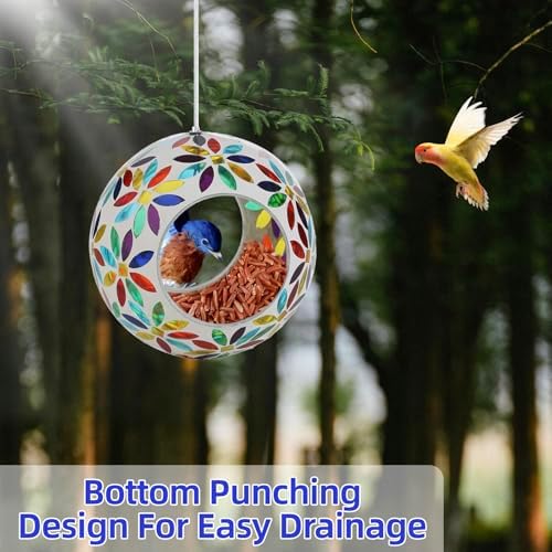 VOREEN Mosaic Glass Bird Feeder – 6" Handcrafted Hanging Fly-Through Feeder for Outdoor Garden Décor, Wild Bird Seed Feeder with Multicolor Floral Design – Gift for Mom Wife Friend Nature Lovers