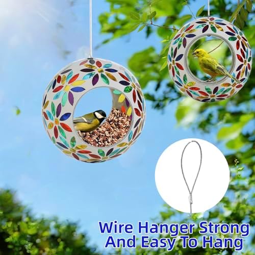 VOREEN Mosaic Glass Bird Feeder – 6" Handcrafted Hanging Fly-Through Feeder for Outdoor Garden Décor, Wild Bird Seed Feeder with Multicolor Floral Design – Gift for Mom Wife Friend Nature Lovers