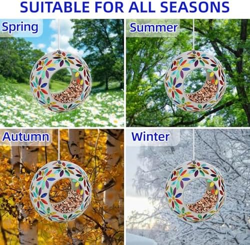 VOREEN Mosaic Glass Bird Feeder – 6" Handcrafted Hanging Fly-Through Feeder for Outdoor Garden Décor, Wild Bird Seed Feeder with Multicolor Floral Design – Gift for Mom Wife Friend Nature Lovers