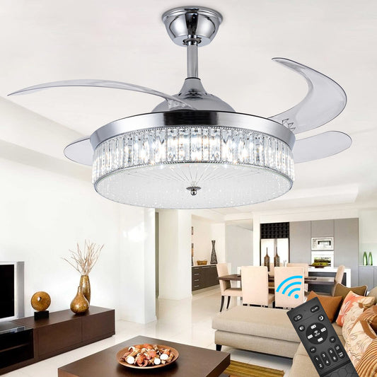 42" Invisible Ceiling Fan with Light,Modern Crystal Ceiling Fan Light with Remote Control 4 Retractable ABS Blades for Bedroom Living Dining Room Decoration