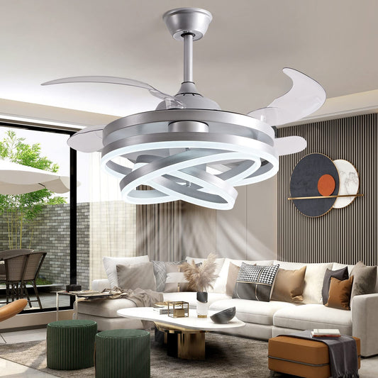 42" Invisible Ceiling Fan Chandelier Light,Modern DIY Ceiling Fan Light Remote Control 4 Retractable ABS Blades for Bedroom Living Dining Room Decoration