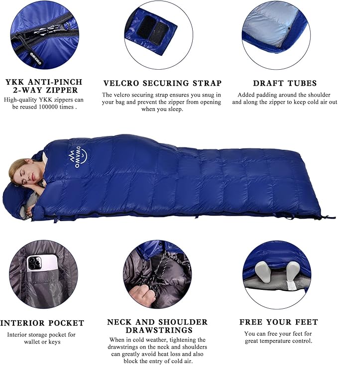 0 20 Degrees F Down Sleeping Bag for Adults,4 Season Cold Weather Rectangle Wearable Down Sleeping Bag for Camping Hiking,Can be Used as Blanket Quilt or Cloak,with Mesh Sack Buckle Strap