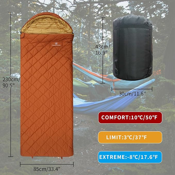 100% Cotton Shell and Lining Sleeping Bag for Adult Cold Weather with Compression Bag&Carry Bag for Camping,Travel and Car Camping