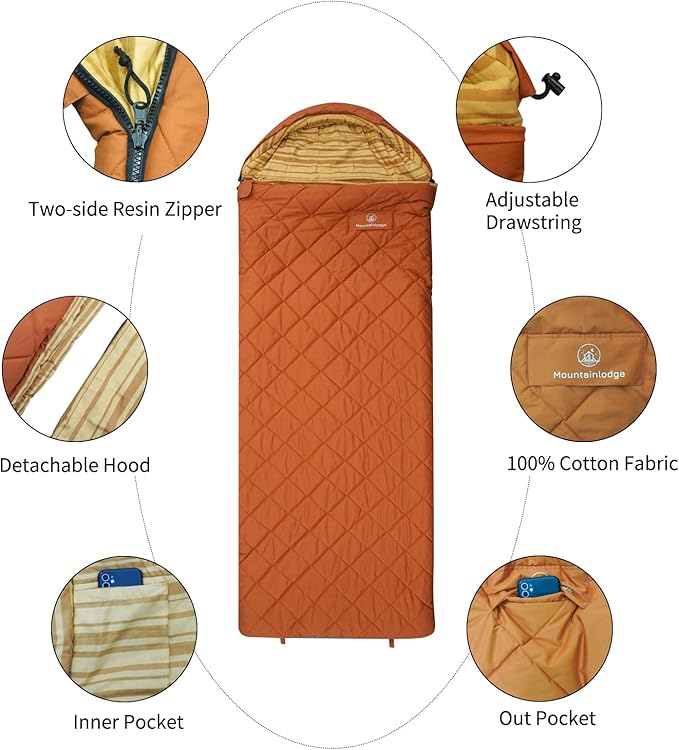 100% Cotton Shell and Lining Sleeping Bag for Adult Cold Weather with Compression Bag&Carry Bag for Camping,Travel and Car Camping