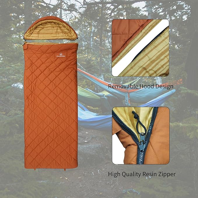 100% Cotton Shell and Lining Sleeping Bag for Adult Cold Weather with Compression Bag&Carry Bag for Camping,Travel and Car Camping