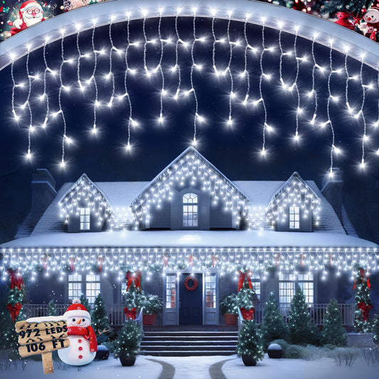 106 FT Christmas Lights Outdoor, 972 LED Waterproof Outside Christmas Lights Plug in, Connectable 8 Modes Hanging Fairy Lights with 216 Drops for House Eaves Yard Patio Wedding Decoration, Cool White