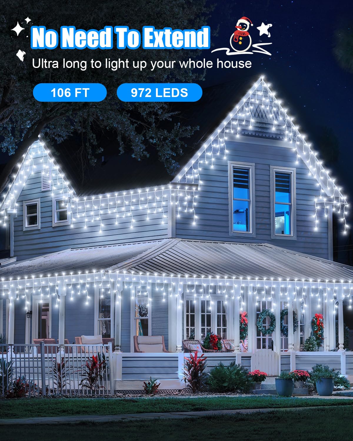 106 FT Christmas Lights Outdoor, 972 LED Waterproof Outside Christmas Lights Plug in, Connectable 8 Modes Hanging Fairy Lights with 216 Drops for House Eaves Yard Patio Wedding Decoration, Cool White