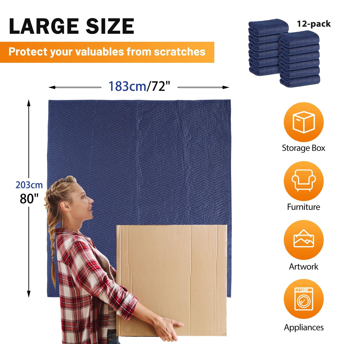 12 Moving Packing Blankets 80 x 72 Inches (35 lb/dz) Heavy Duty Moving Pads for Protecting Furniture Professional Quilted Shipping Furniture Pads (Dark Blue 12PCS)
