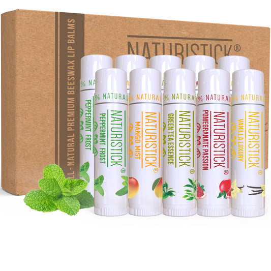 10-Pack Lip Balm Gift Set By Naturistick. Assorted Scents. 100% Natural Ingredients. Best Beeswax Chapsticks For Dry, Chapped Li
