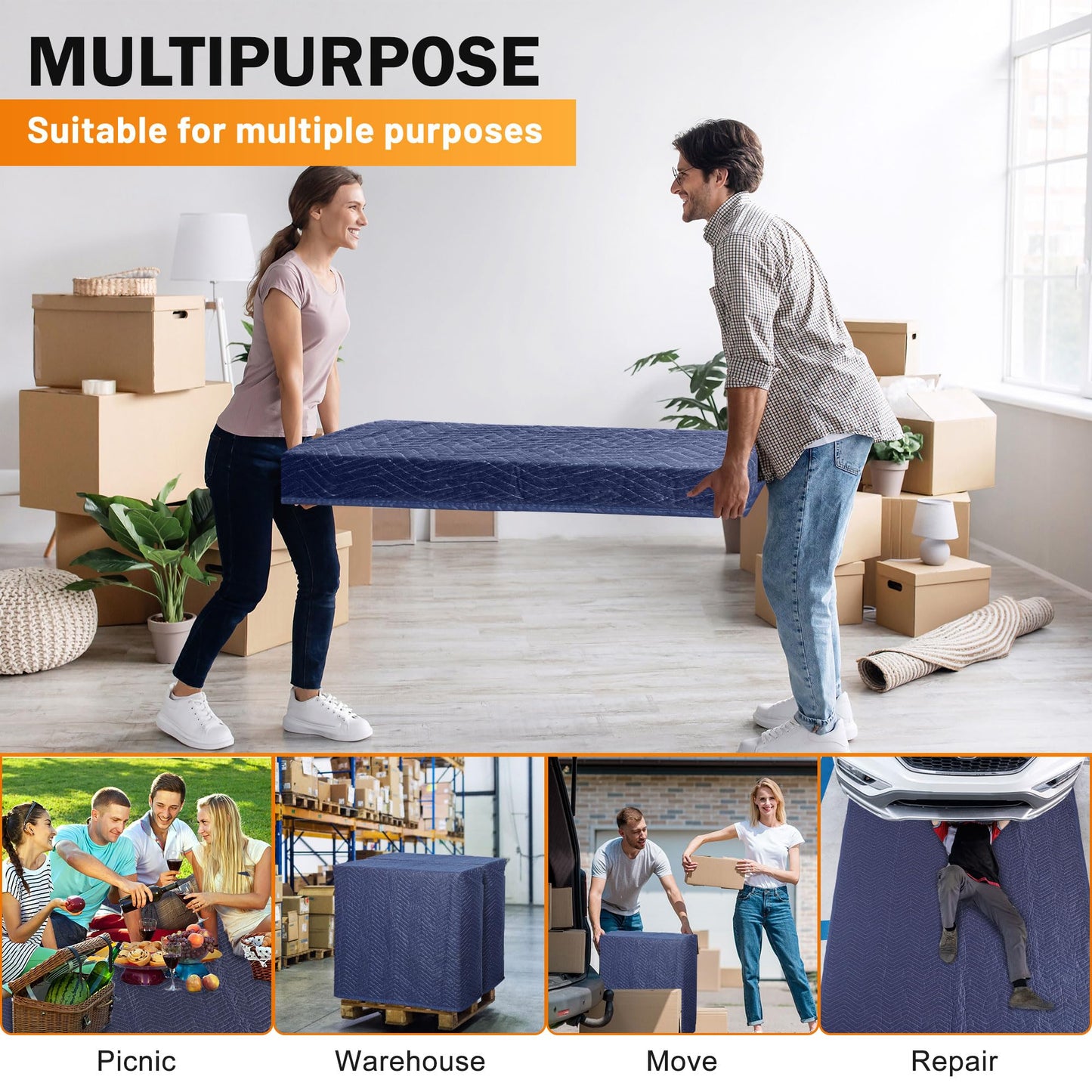 12 Moving Packing Blankets 80 x 72 Inches (35 lb/dz) Heavy Duty Moving Pads for Protecting Furniture Professional Quilted Shipping Furniture Pads (Dark Blue 12PCS)