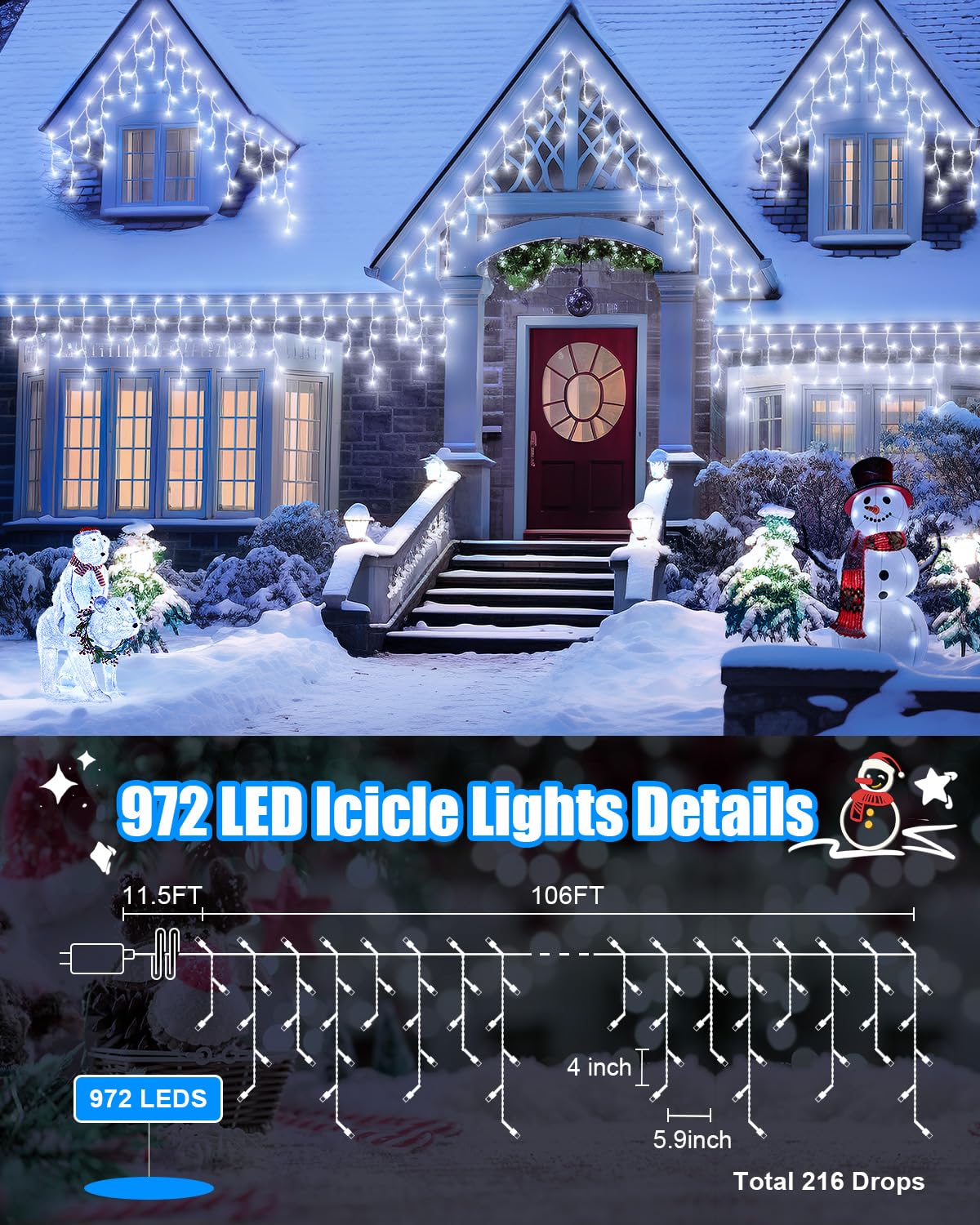 106 FT Christmas Lights Outdoor, 972 LED Waterproof Outside Christmas Lights Plug in, Connectable 8 Modes Hanging Fairy Lights with 216 Drops for House Eaves Yard Patio Wedding Decoration, Cool White
