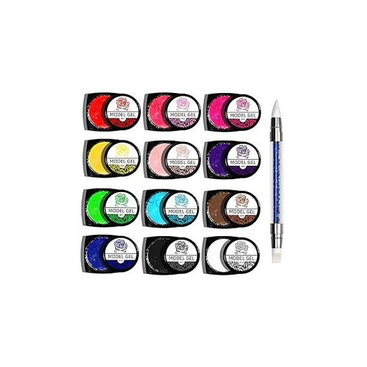 12 Colors Sculpture Painting Set, 3D Nail Art Set with Carved Pen, Salon Creative DIY Gel Nails