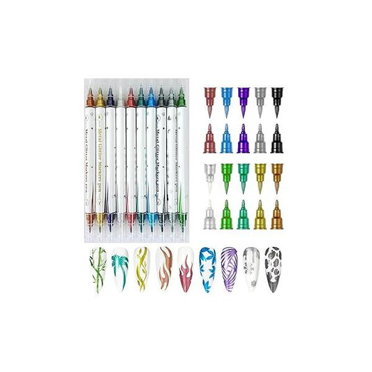 10 Colors Double Ended Metallic Nail Art Marker Pens, 3D Graffiti Dotting Drawing Point Pen Sets Painted Design Kit for DIY Decoration