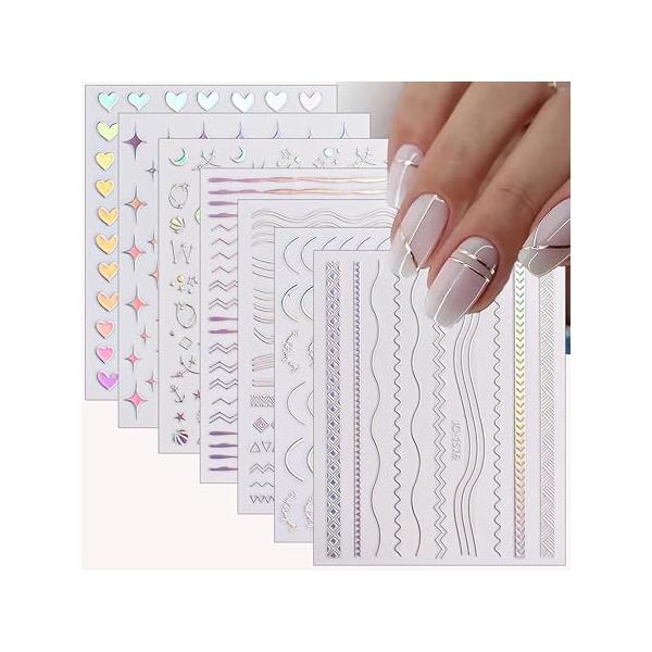 10 Sheets Aurora Nail Art Stickers 3D Pegatinas Uñas Holographic Laser Heart Star Moon Flame Decals Self Adhesive Supplies DIY Design Decoration