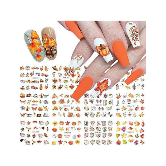 12 Pcs Fall Nail Art Stickers Maple Leaves Water Transfer Decals Autumn Thanksgiving Turkey Pumpkin Design Foil Supplies for Women Acrylic DIY Manicure Decorations