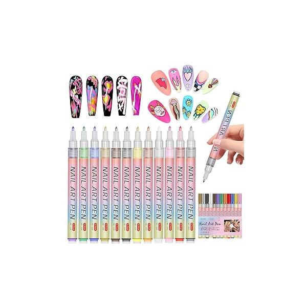 10 Colors Double Ended Metallic Nail Art Marker Pens, 3D Graffiti Dotting Drawing Point Pen Sets Painted Design Kit for DIY Decoration