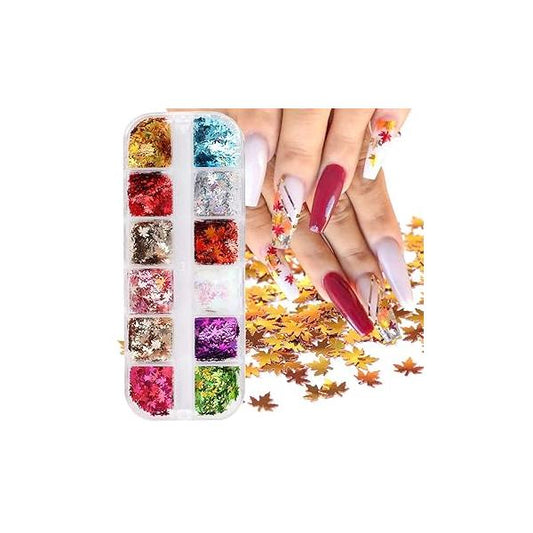12 Colors Fall Nail Art Stickers Maple Leaf Glitter Sequins Autumn Design Flakes Gold Leaves for Nails Decorations Holographic Acrylic Glitters Accessories