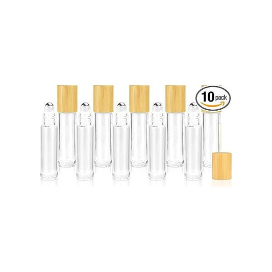 10 Pack 10ml/0.33 Oz Bamboo Roll On Bottle,Empty Clear Glass Roller Bottle for Essential Oils Stainless Steel Balls Perfume Travel Vial Container-Pipette&Opener Included