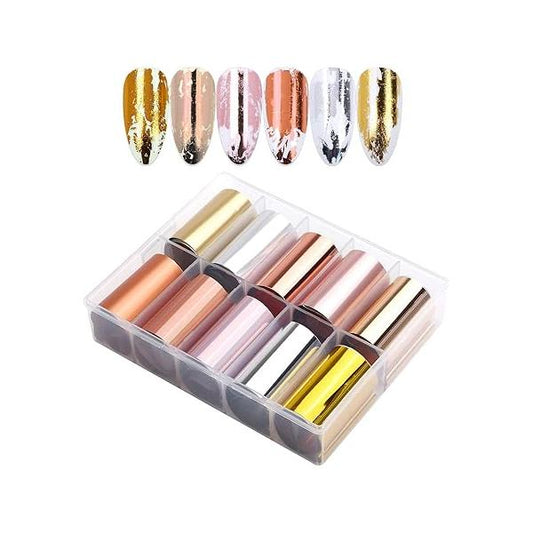 10 Sheets Holographic Nail Art Foil Transfer Stickers - Metallic Color Print Decals 3D Self-Adhesive DIY Manicure Decoration Kit