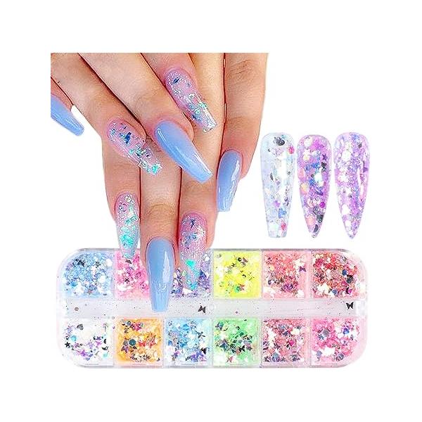 12 Color Butterfly Nail Art Glitter Sequins 3D Holographic Flakes Irregular Colorful Mermaid Confetti Stickers for Women DIY Face Eyes Make-up Decorations Accessories