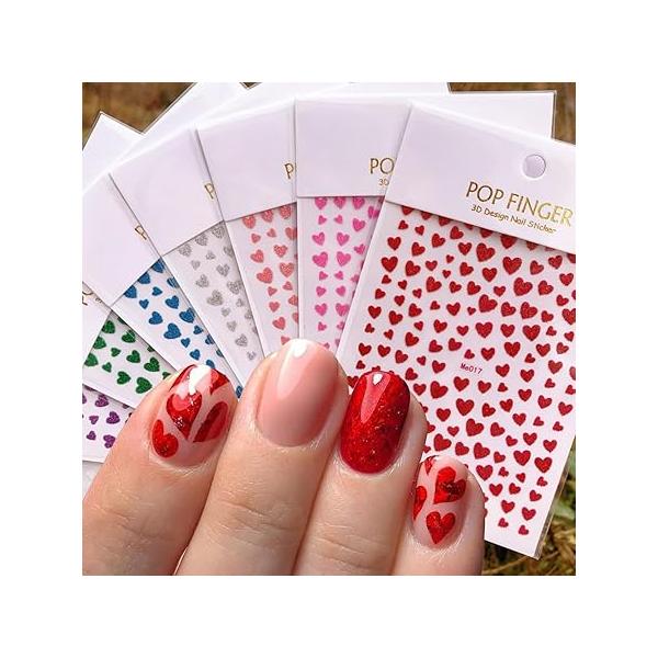 10 Sheets Love Heart Nail Art Stickers Decals Valentines Day 3D Self-Adhesive Glitter Design Red Pink for Women Girls DIY Manicure Decoration Supplies