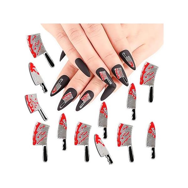 12 Pcs 3D Halloween Nail Charms Blood Knife Art Alloy Nails Metal Charm Rhinestone Design Jewelry Decor for DIY Accessories