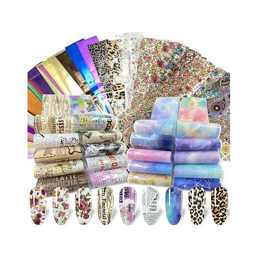 100 Sheets Nail Foil Transfer Sticker Kit, Art Decals Tips Starry Sky Laser Flower Leopard Print DIY Decorations Supplies Design